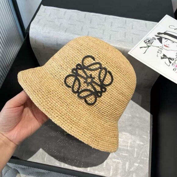 Loewe Tan Straw Hat featuring a black logo main image 6